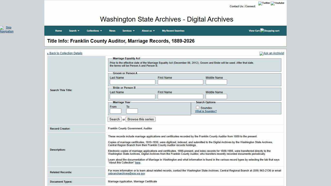 Washington State Archives, Digital Archives - Title Info: Franklin County Auditor, Marriage Records, 1889-2026